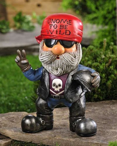 Biker gnome with a blue jeans and vest outfit on a motorcycle.